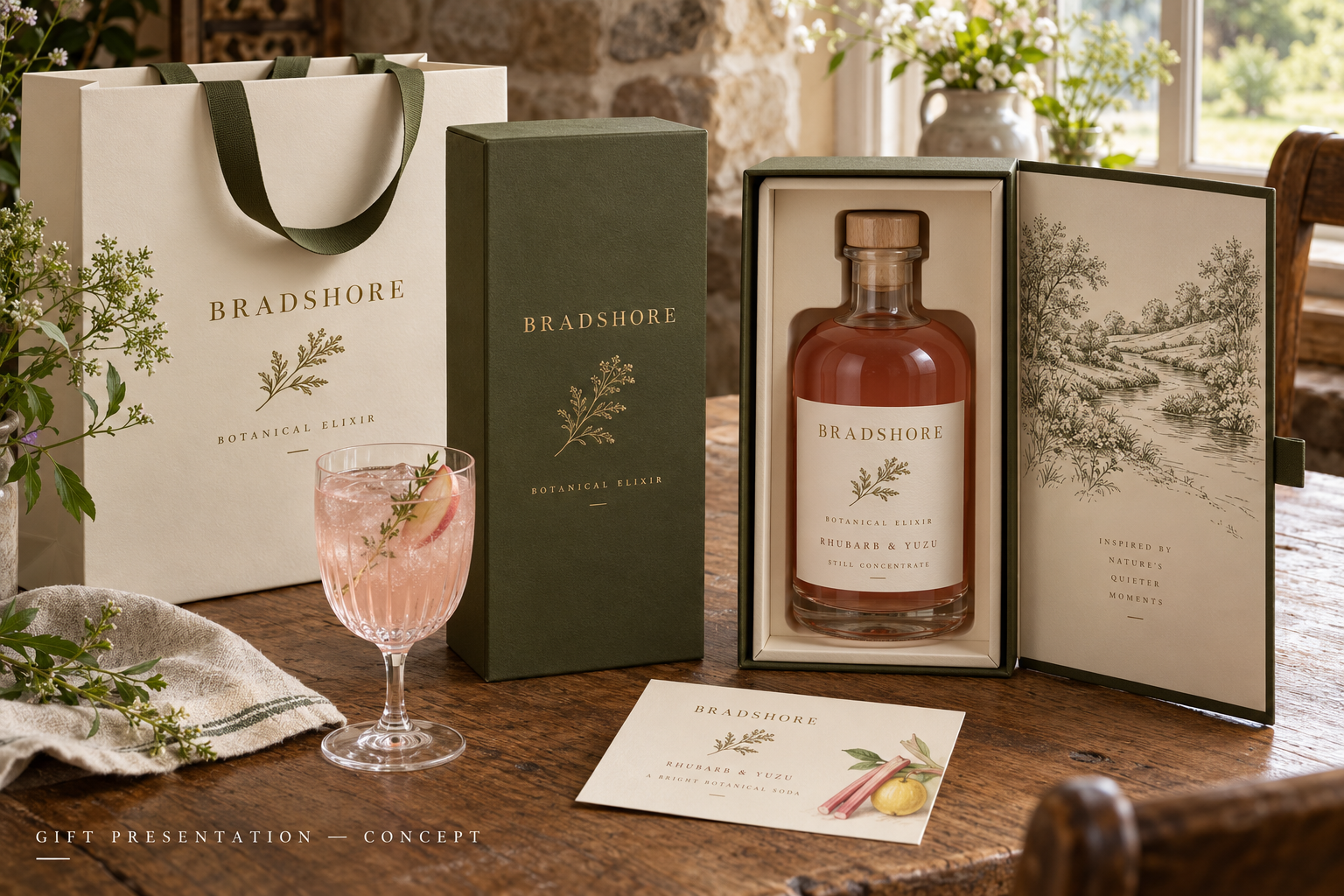 BRADSHORE bottle in its gift box beside a prepared pink drink