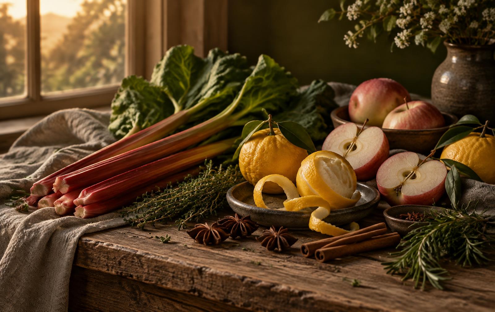 Rhubarb, yuzu, apples, thyme and spices on an oak table