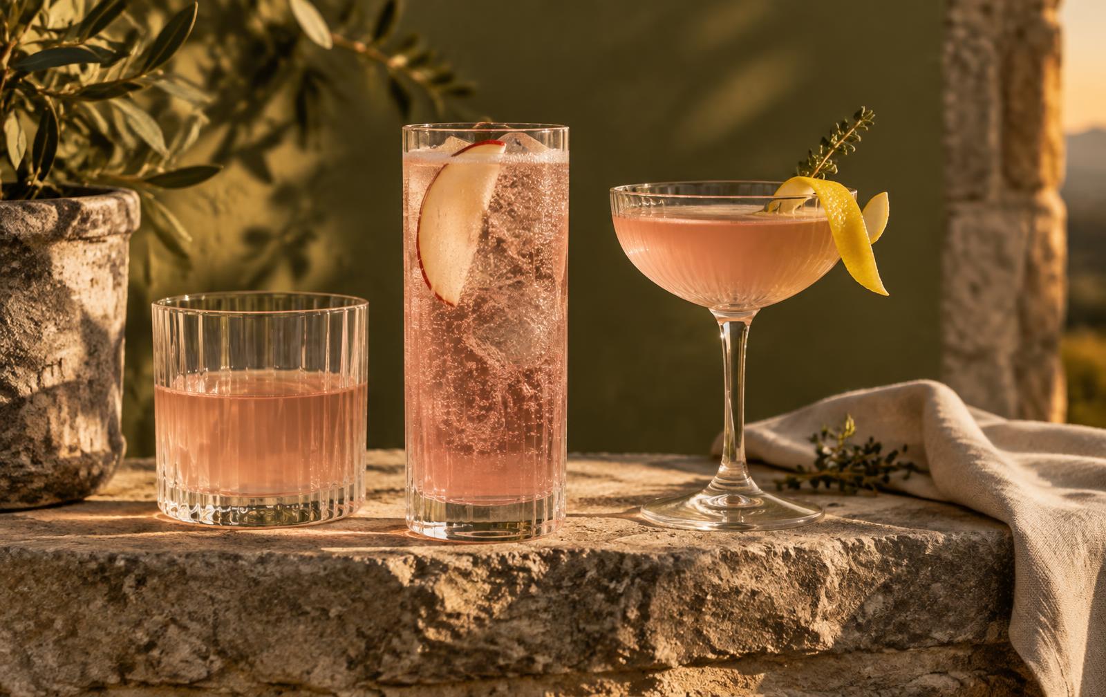 Three drinks: still, sparkling and a cocktail